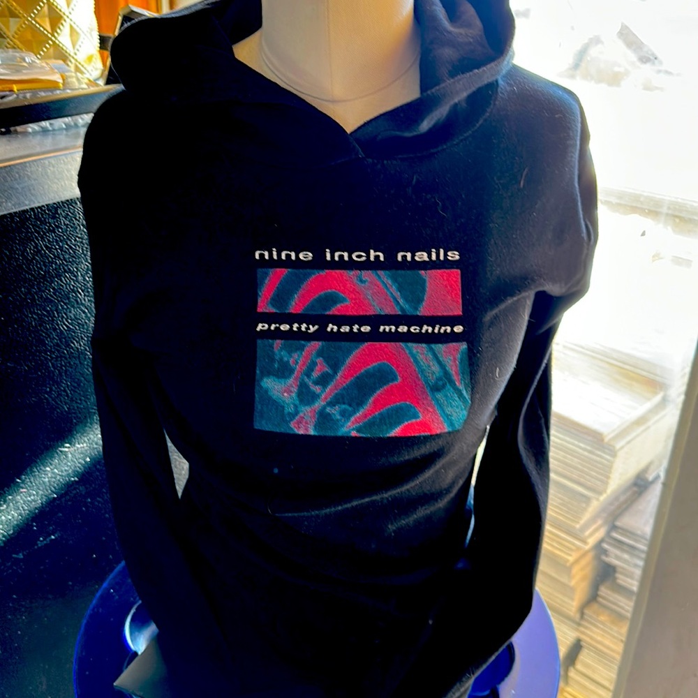 Med Black NIN nine inch nails pretty hate machine hoodie. 100% cotton